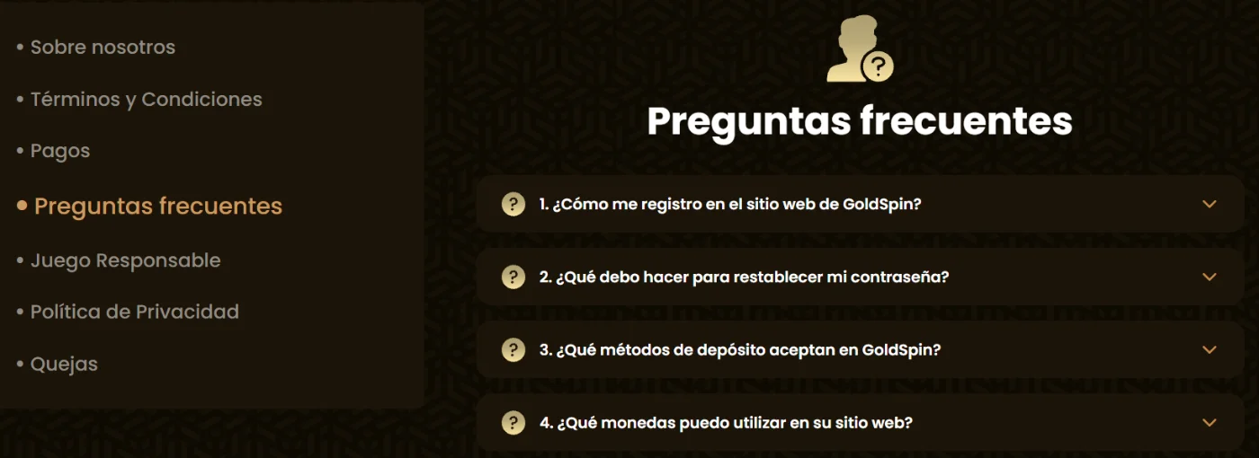 Preguntas frecuentes de GoldSpin Casino sobre registro, recuperación de contraseña, métodos de depósito, monedas disponibles y juego responsable